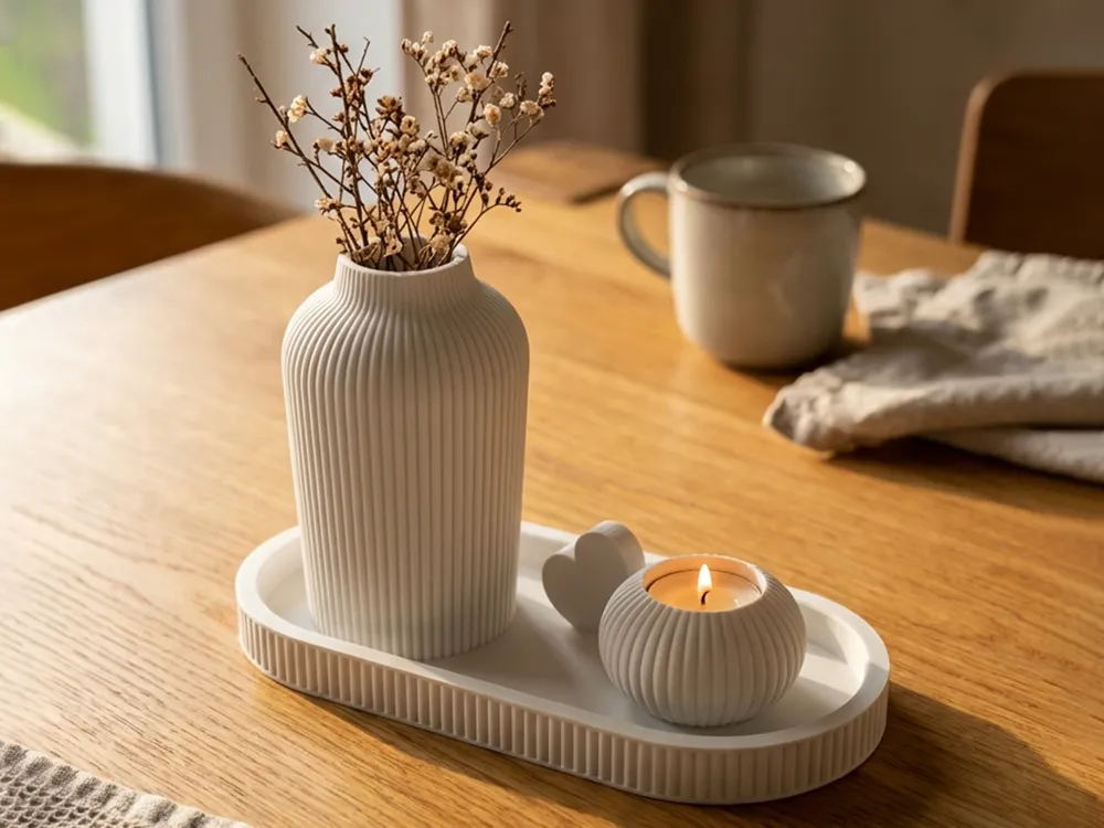 Conjunto Decoração Japandi - Coração, Vaso, Castiçal e Bandeja